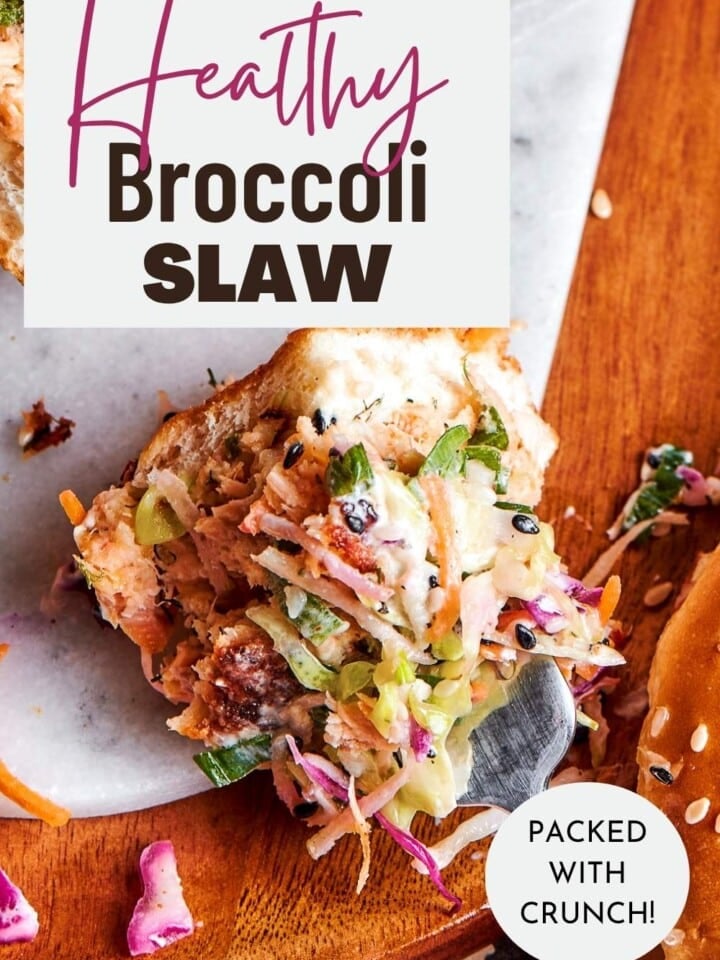 A fresh side of shredded broccoli slaw with a light dressing and crunchy sesame seeds.