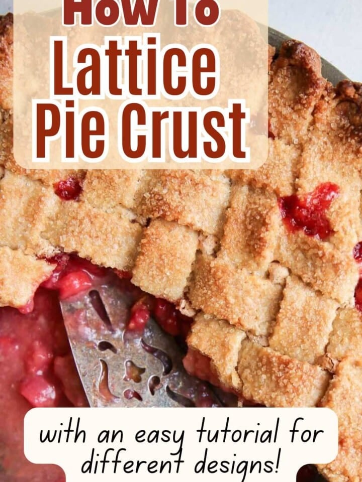 Lattice-topped pie with slice removed and text that reads easy tutorial for different designs.