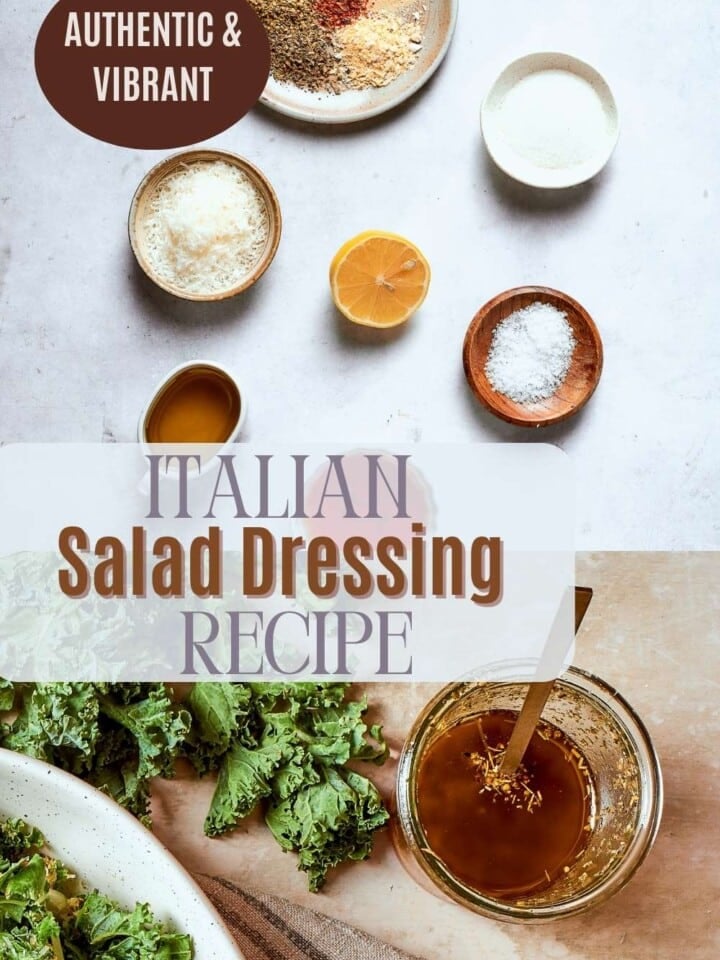 Fresh Italian salad dressing with olive oil, vinegar, parmesan, and herbs in a glass jar.