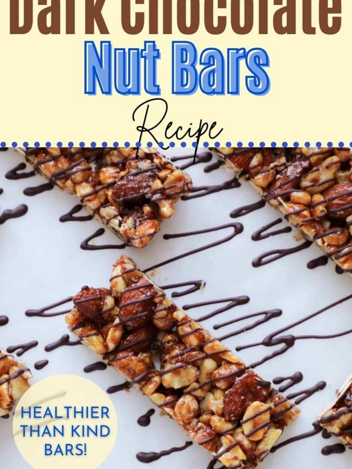 Nut bars drizzled with dark chooclate arranged on parchment with text that reads healthier thank KIND bars.