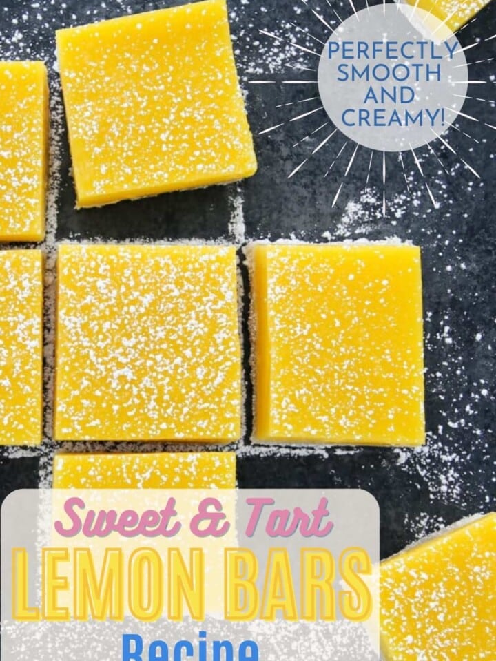 Bright yellow lemon bars dusted with powdered sugar, neatly cut into squares with text that reads perfectly smooth and creamy.