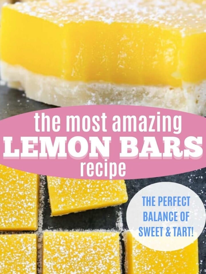 Bright yellow lemon bars dusted with powdered sugar, neatly cut into squares with text that reads the perfect balance of sweet and tart.