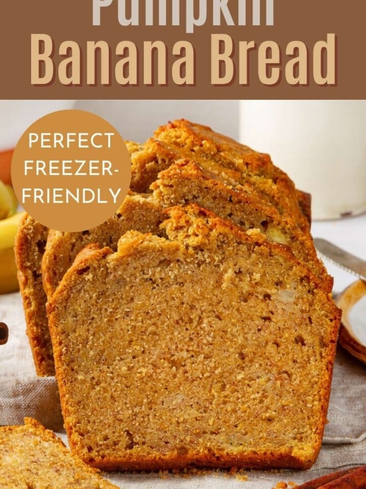 A moist pumpkin banana bread sliced thick, with tender texture and cozy autumn spices throughout.