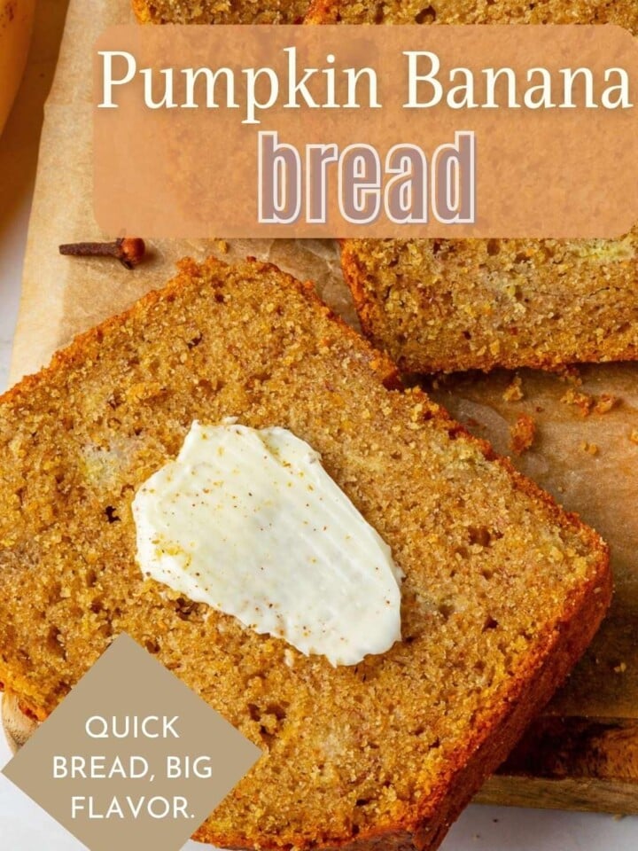Freshly baked pumpkin banana bread sliced on a wooden board, showing soft texture and spiced crumb.
