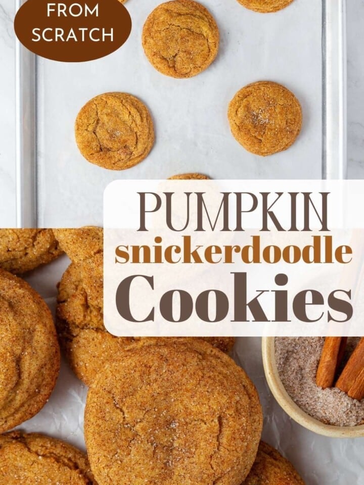 Freshly baked pumpkin snickerdoodle cookies stacked on parchment paper, showing chewy centers and crispy sugar coating.