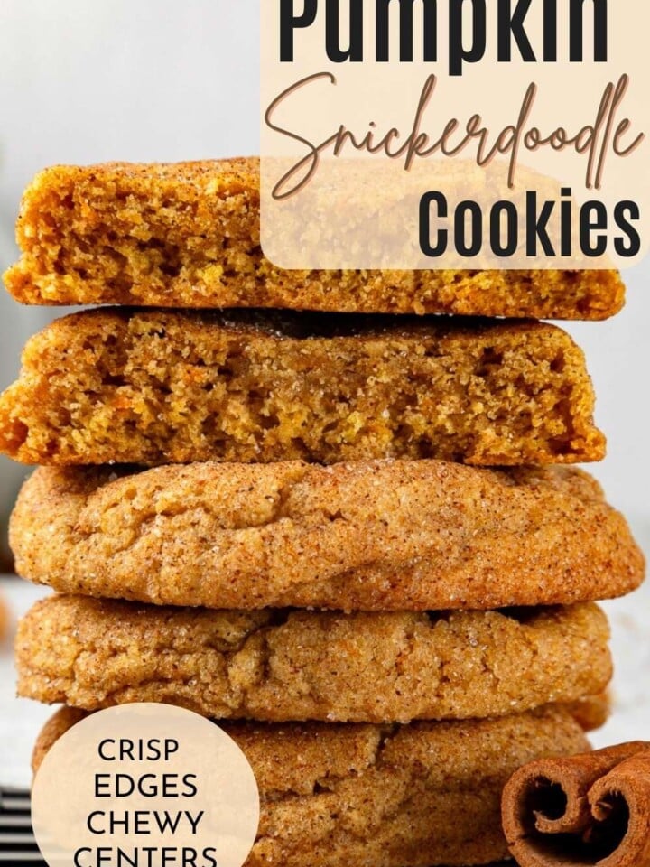 A stack of pumpkin snickerdoodle cookies highlighting soft texture inside and cinnamon sugar on top.