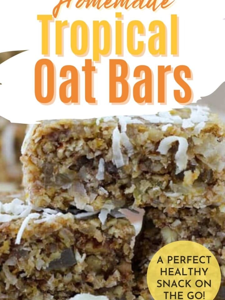 Tropical oat bars topped with shredded coconut with text that reads a perfect healthy snack on the go.
