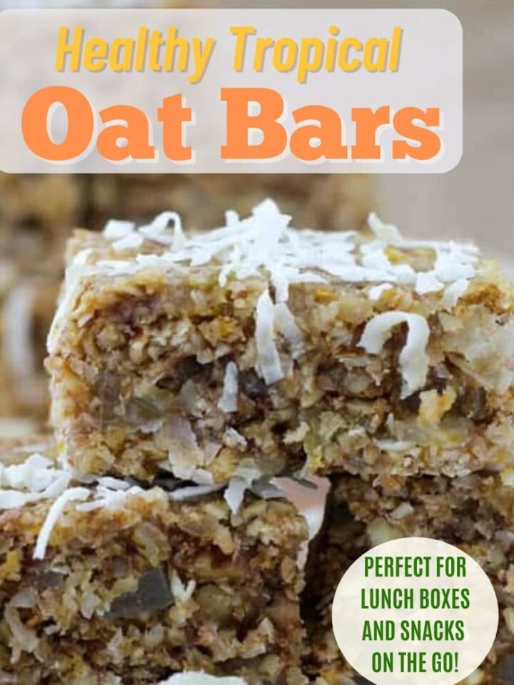 Tropical oat bars topped with shredded coconut with text that reads perfect for lunch boxes and snacks on the go.
