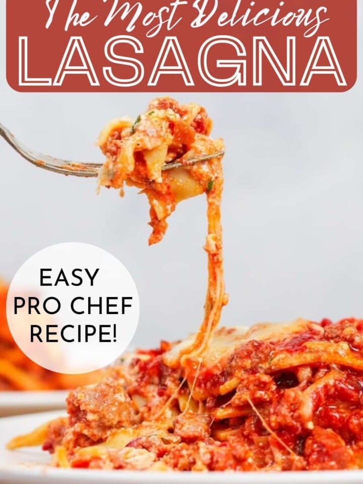 Slice of cheesy, layered lasagna with text that reads easy pro chef recipe.