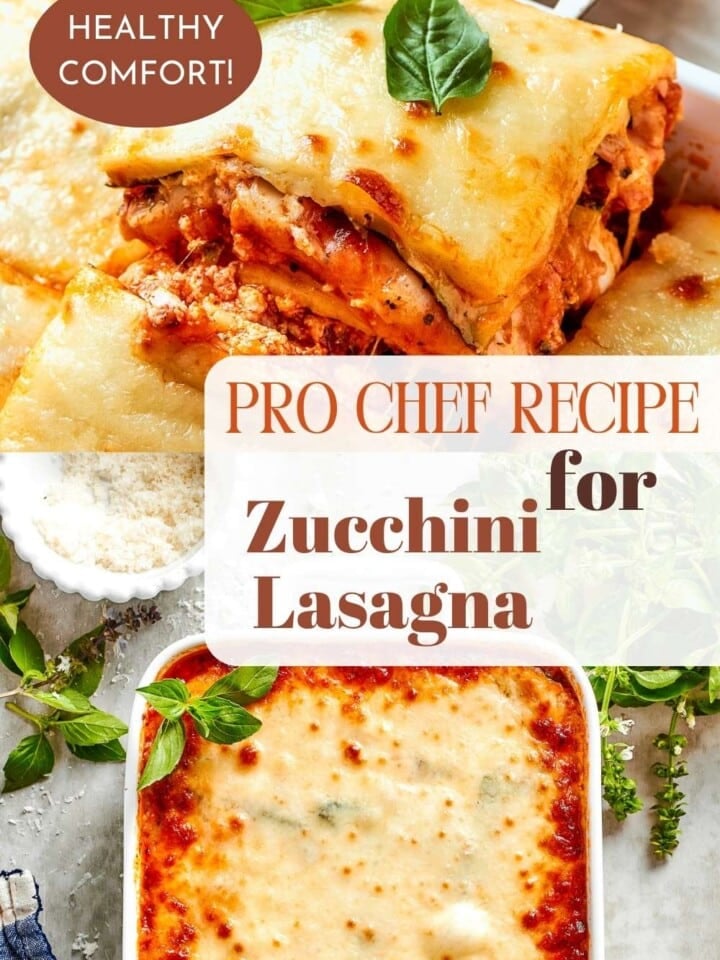 Crispy roasted zucchini layered with creamy ricotta and saucy chicken in a hearty baked casserole.