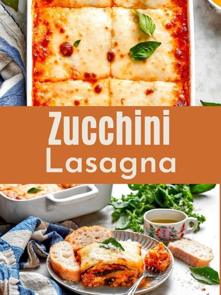 Fork cutting through firm, cheesy zucchini lasagna with visible roasted squash and saucy chicken layers.