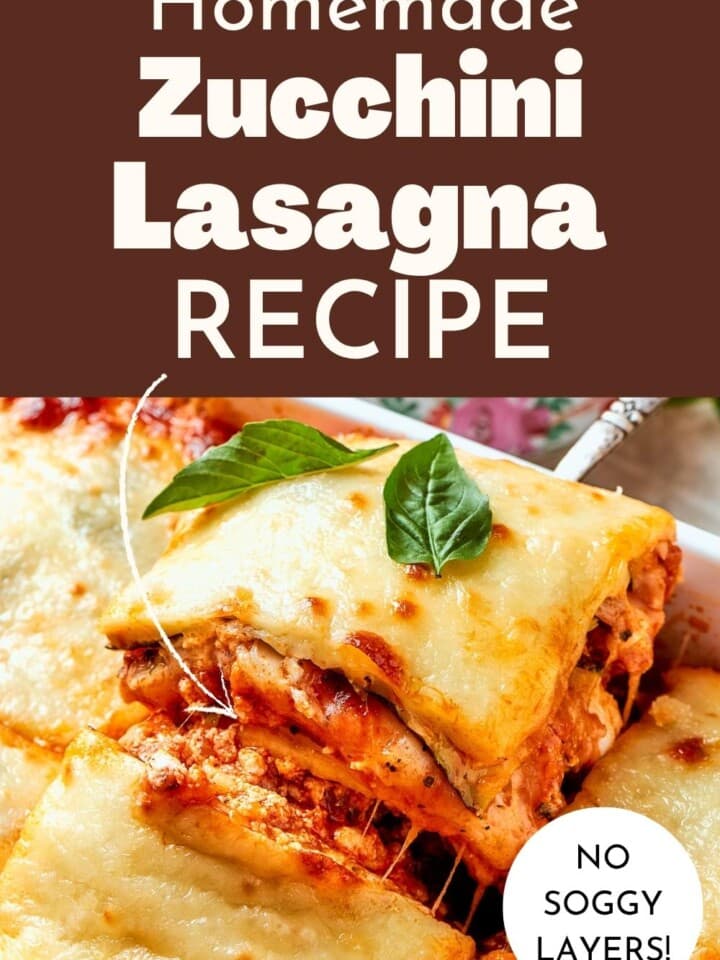 Cheesy zucchini lasagna with browned top and visible sauce, perfect for a family-friendly low-carb dinner.