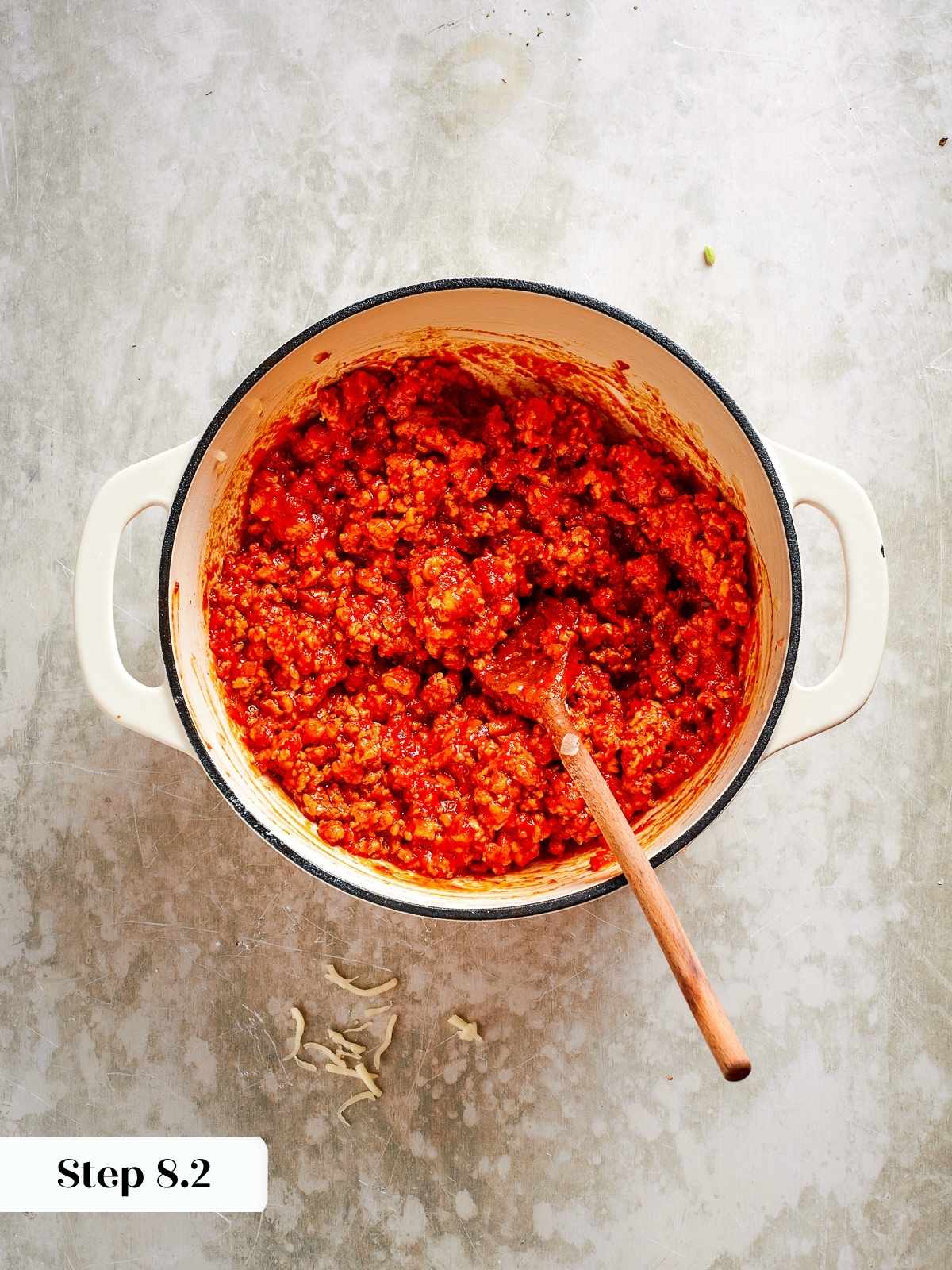 Thickened chicken tomato sauce simmered to the perfect texture for lasagna layering.