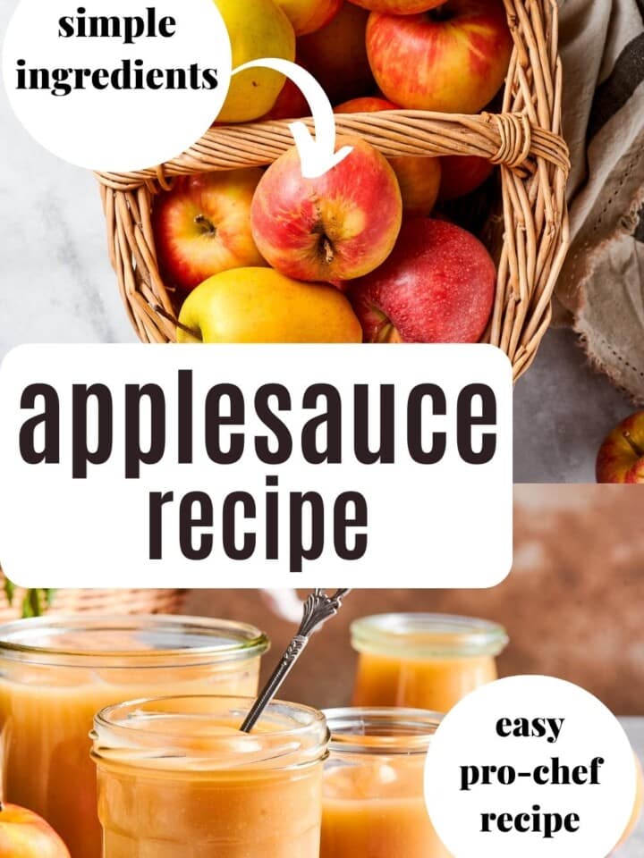 Homemade applesauce spooned into jars for storage, with a rustic basket of apples nearby.