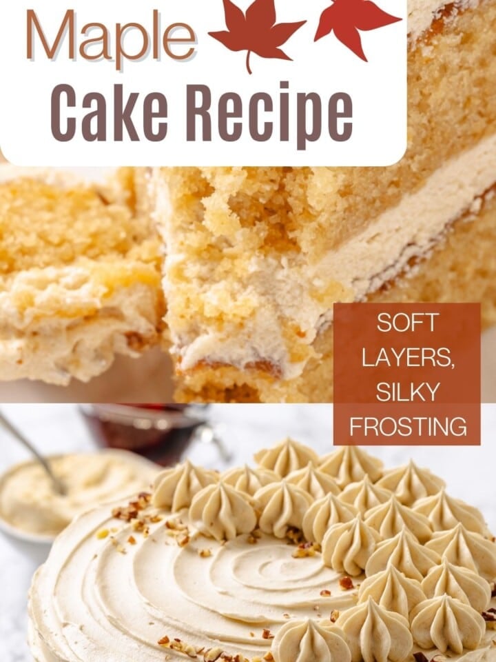 Maple cake slice showing tender crumb and golden edges, frosting spread across the surface.