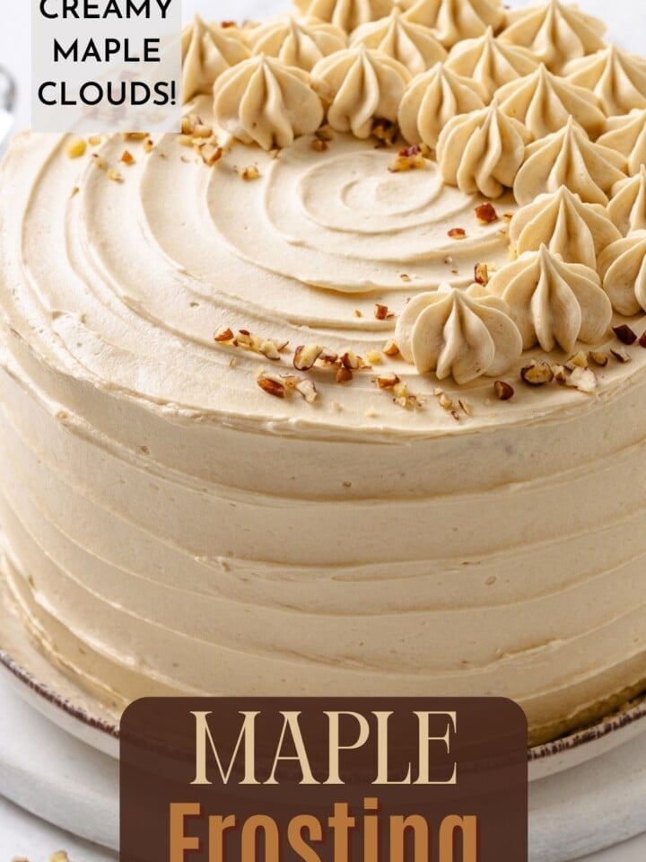 Rich maple frosting spread on a layer cake, smooth finish and strong enough to hold shape.