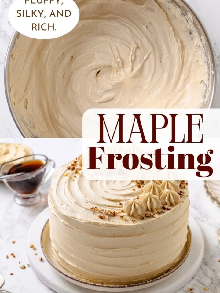 Smooth maple frosting spread generously on a cake, made with real maple syrup and flour base.