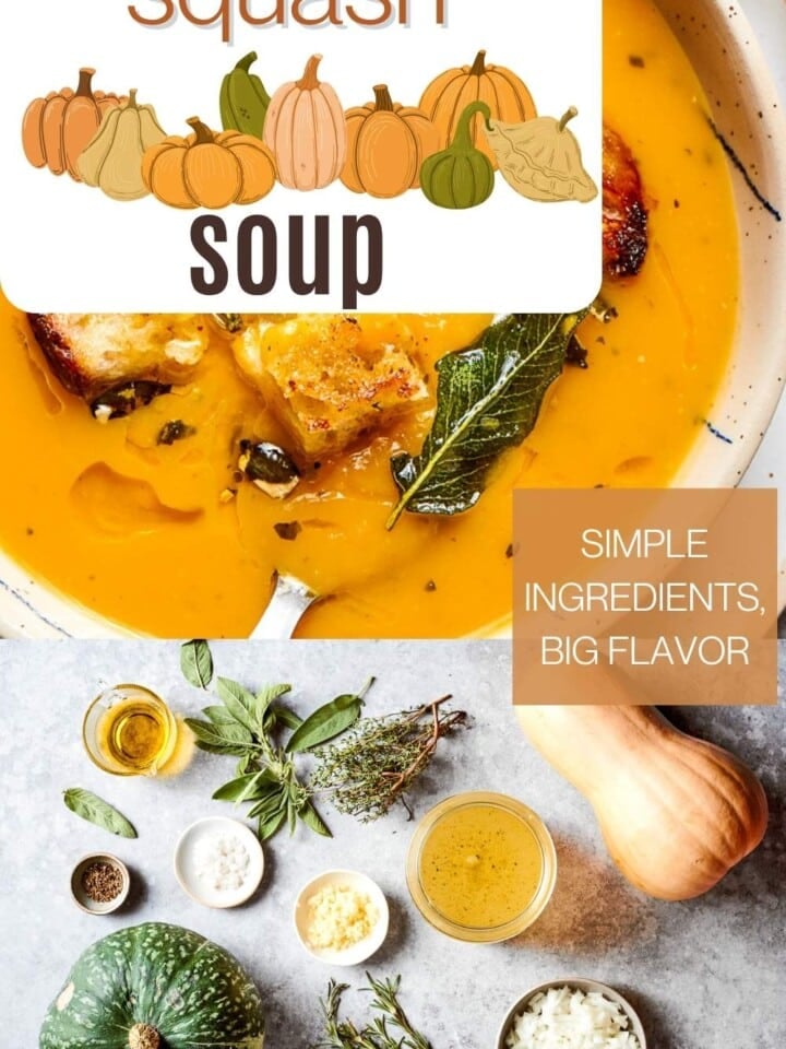 Easy butternut squash soup recipe served in bowls with fresh sage garnish and crunchy pumpkin seeds.