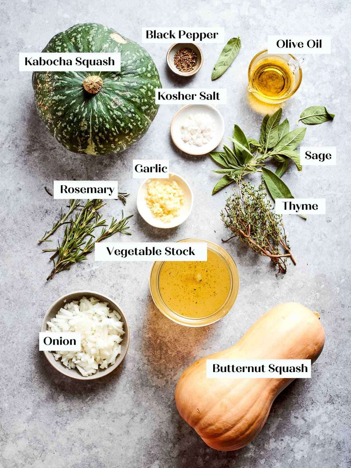 Ingredients displayed together before cooking: raw squash, onion, garlic, sage, and olive oil.