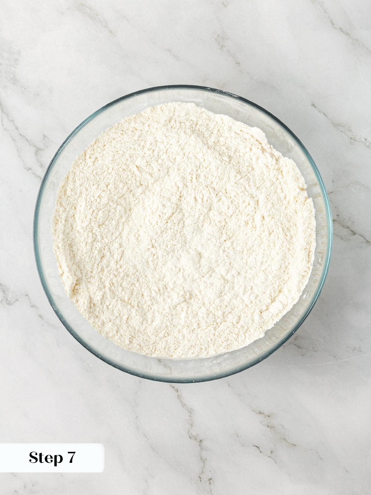 Dry baking ingredients whisked until smooth before combining with butter and sugar mixture.