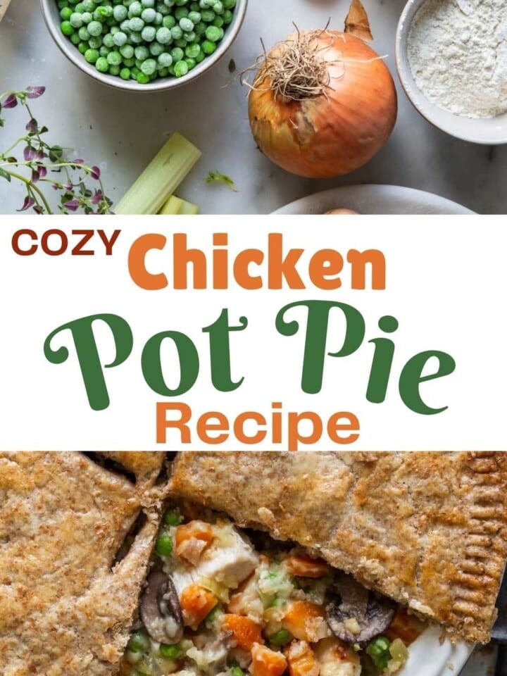 Whole wheat chicken pot pie with creamy filling of chicken, mushrooms, peas, and carrots.