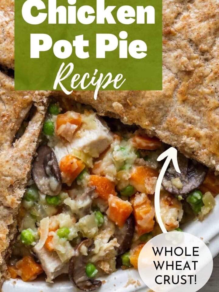 Whole wheat chicken pot pie with creamy filling of chicken, mushrooms, peas, and carrots.