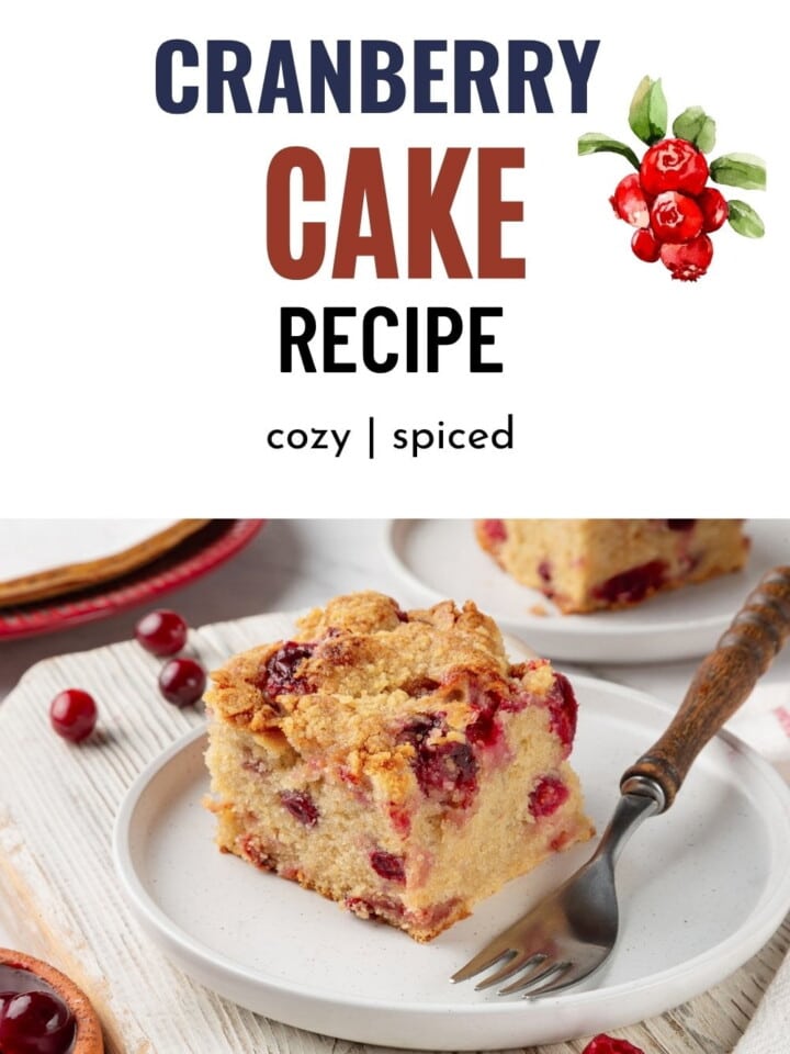 A fluffy cranberry cake with a crunchy brown sugar topping and baked cranberries peeking through.