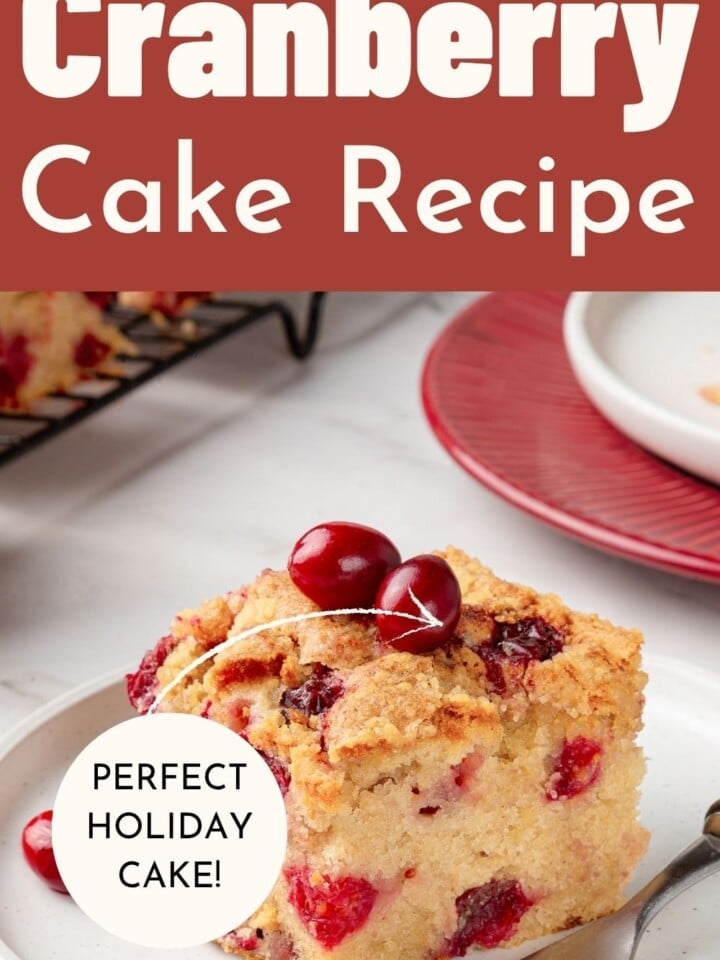 A moist cranberry cake with golden topping and tart red berries baked throughout each slice.