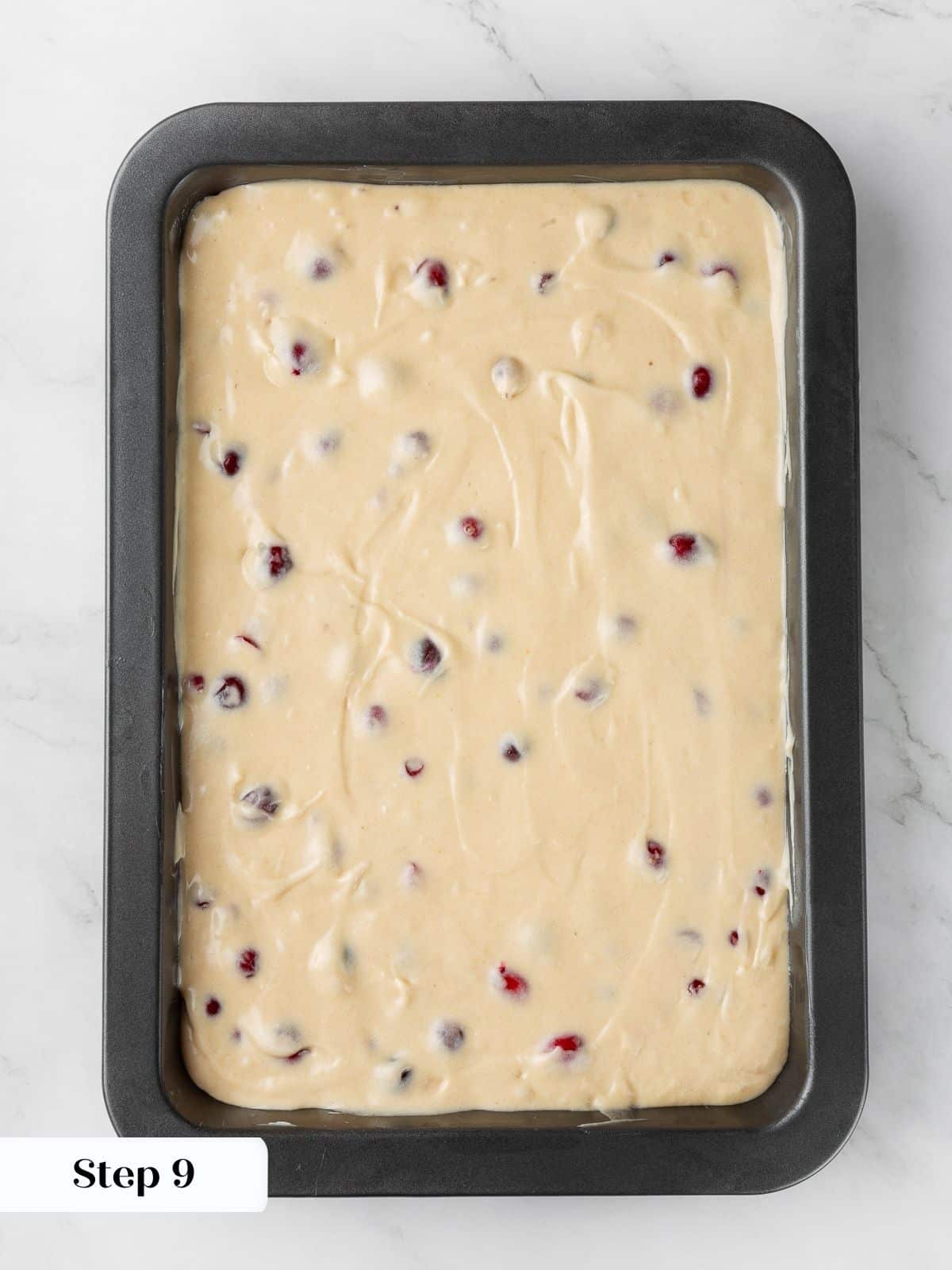 Cranberry cake batter spread evenly in baking pan before adding streusel topping.