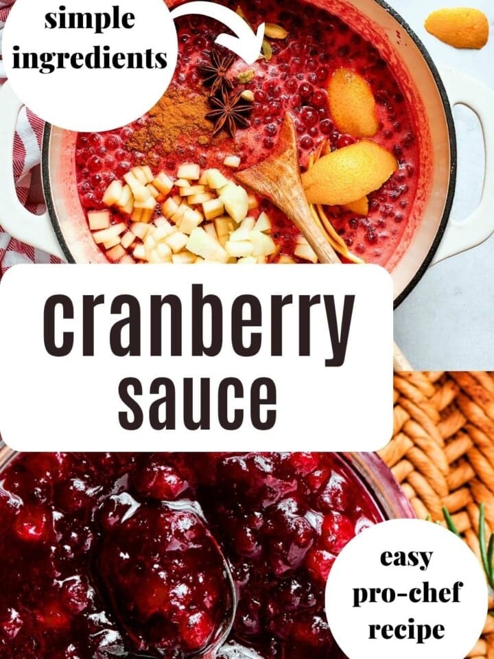Freshly cooked cranberry sauce thickened on the stove, glistening with orange zest and whole cranberries.