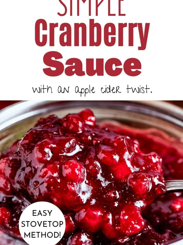Homemade cranberry sauce made with apple cider and cinnamon cooling in a serving bowl on the countertop.