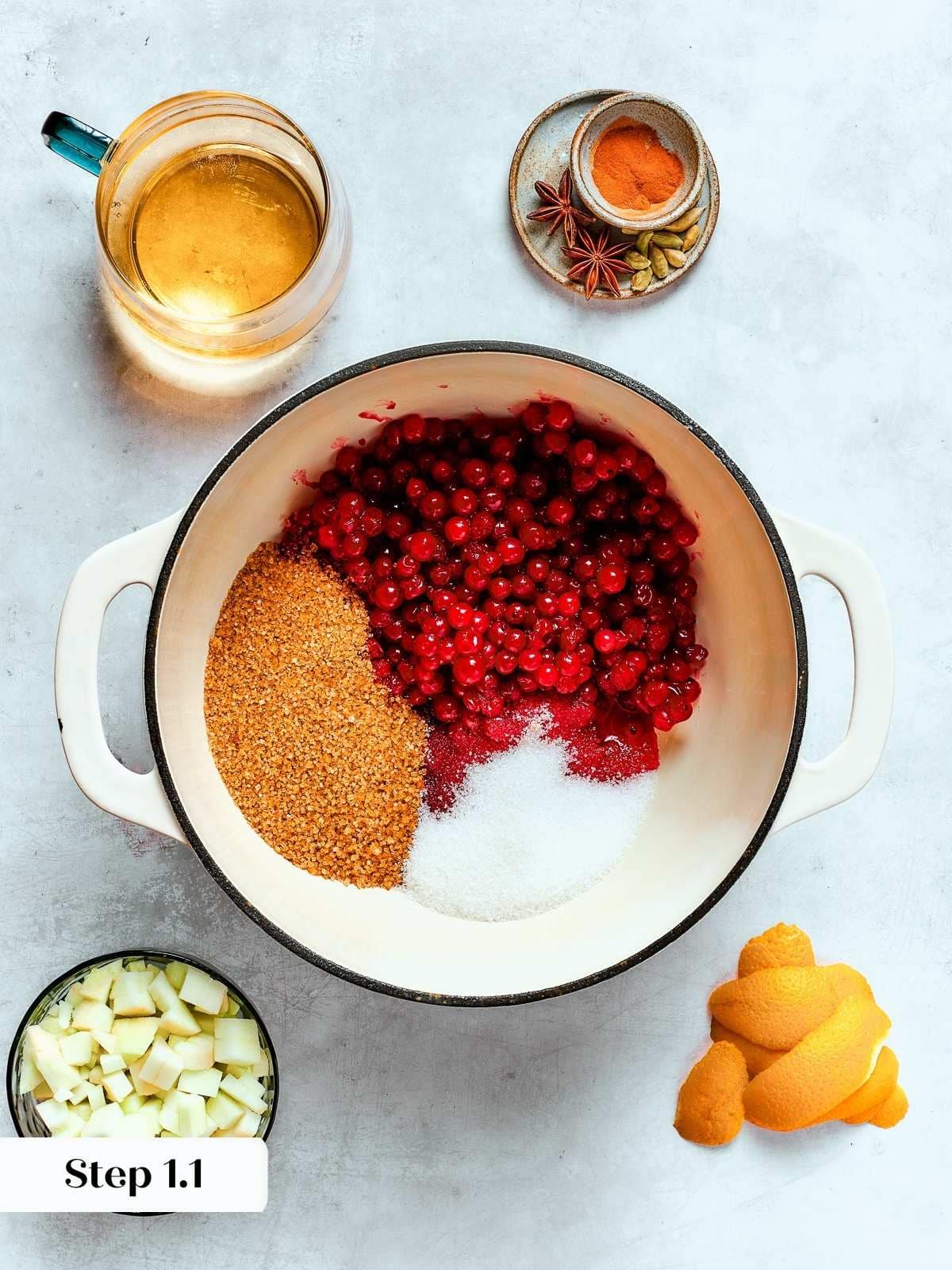 Cranberries and sugar combined in a pot ready to cook into a thick, rich sauce.