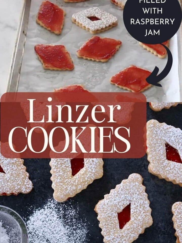 Almond Linzer cookies filled with raspberry jam and dusted with powdered sugar, perfect for Christmas cookie boxes.