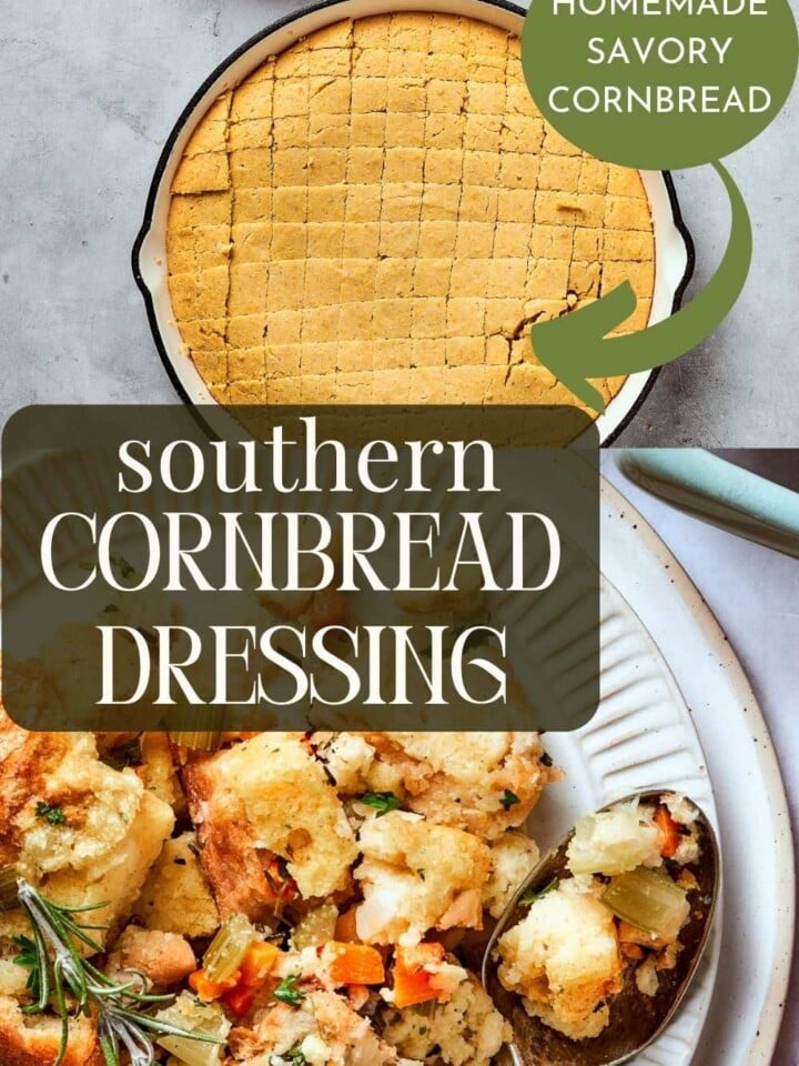 A heaping spoonful of warm cornbread dressing on a serving plate.