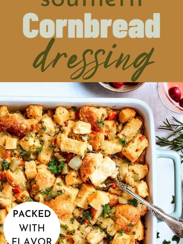 Rustic casserole dish filled with cornbread dressing.