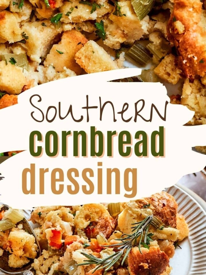 Baking dish of homemade cornbread stuffing fresh from the oven with golden edges and soft center.