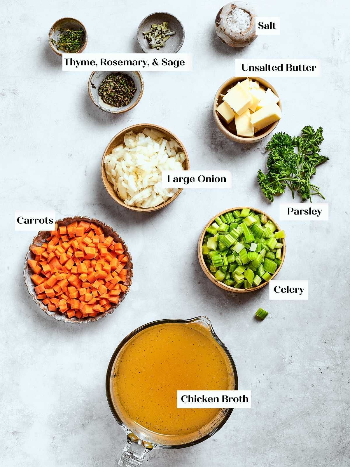 Preparation setup showing all ingredients for Southern cornbread dressing before mixing and baking.