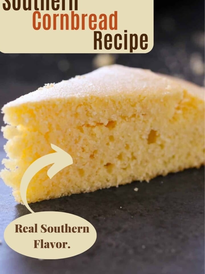 A piece of moist cornbread on a countertop.