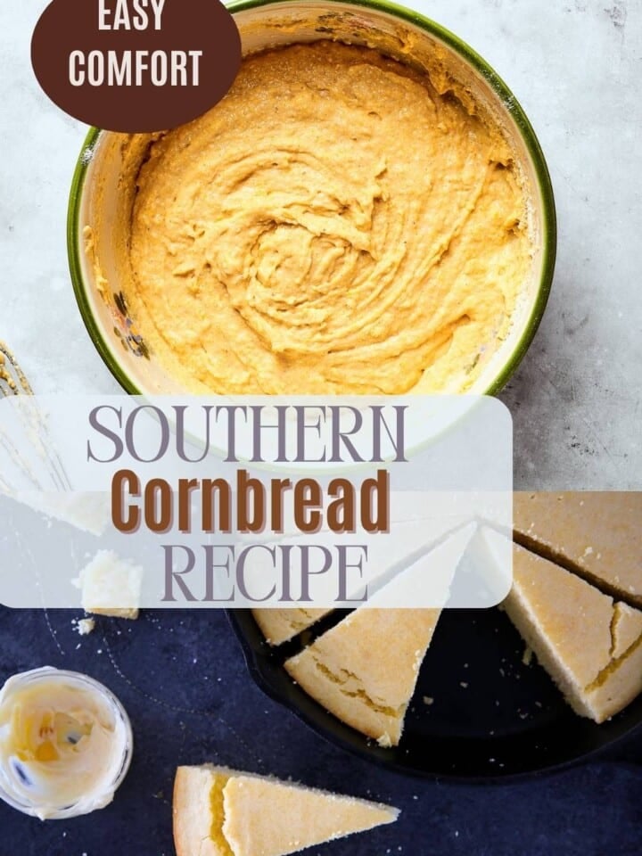 Golden brown cornbread with visible crumb texture sliced into even pieces.