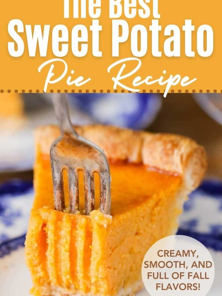 Creamy sweet potato pie with golden crust and text that reads full of fall flavors.