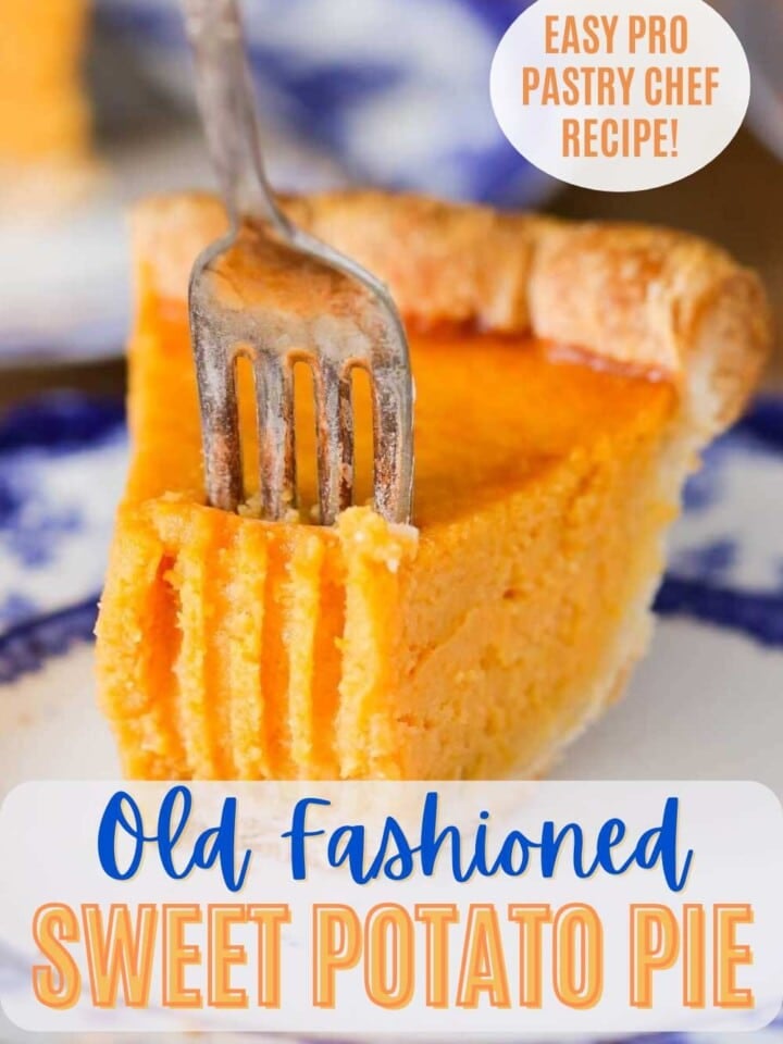 Creamy sweet potato pie with golden crust and text that reads easy pro pastry chef recipe.