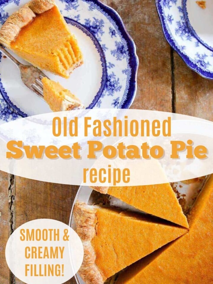 Creamy sweet potato pie with golden crust and text that reads smooth and creamy filling.