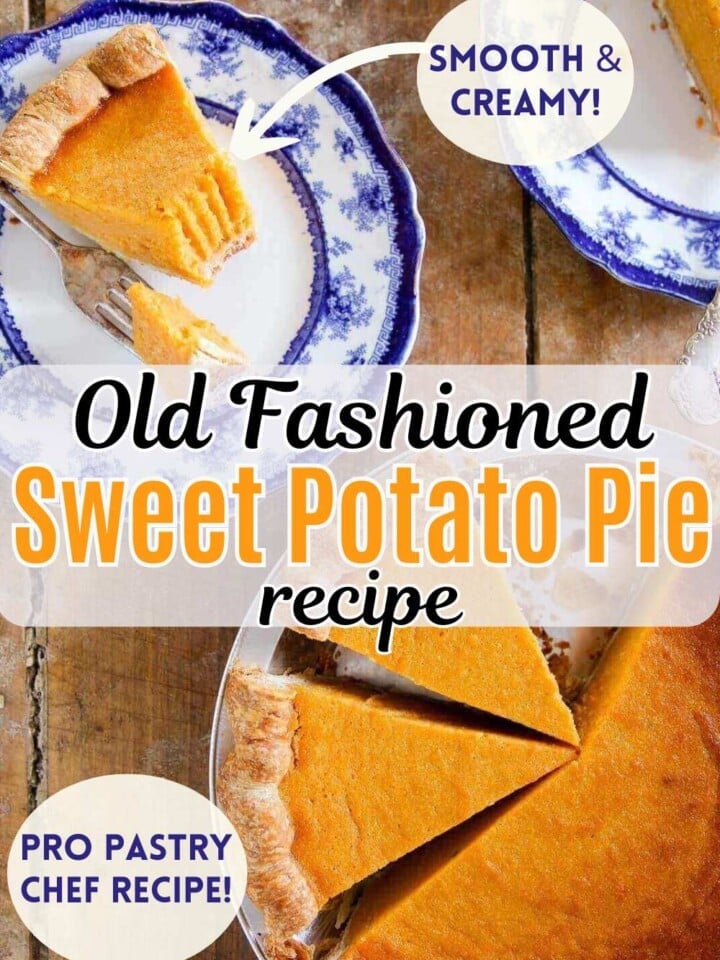 Creamy sweet potato pie with golden crust and text that reads pro pastry chef recipe.