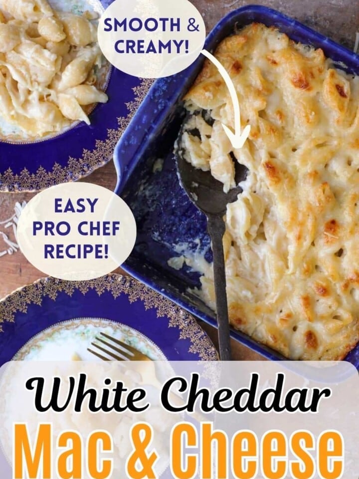 Smooth and creamy white cheddar macaroni and cheese in a baking dish with text that reads easy pro chef recipe.