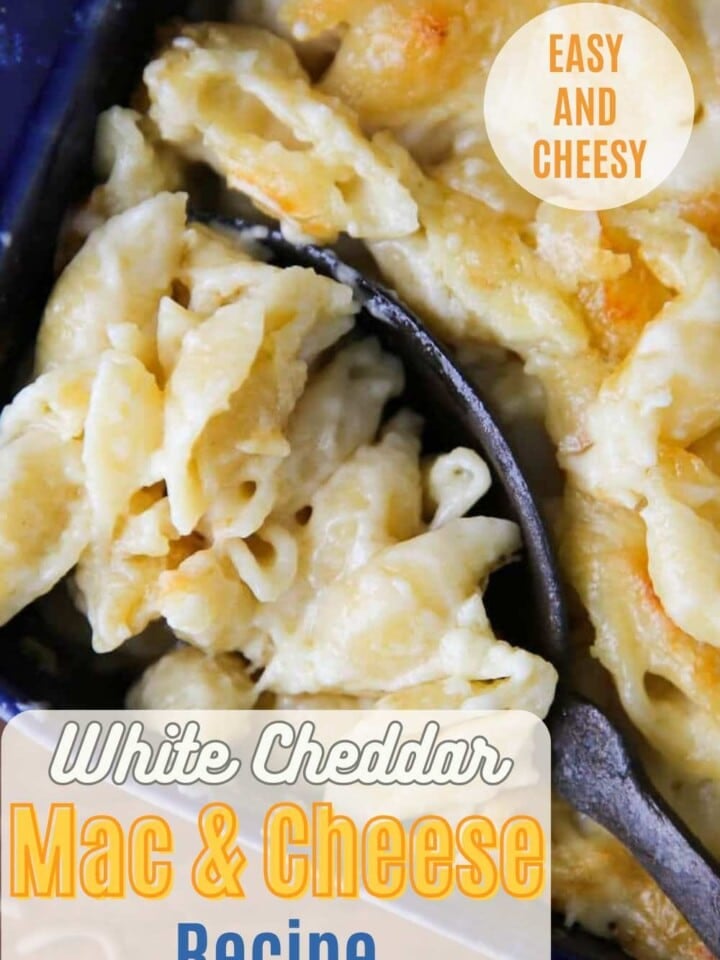 Smooth and creamy white cheddar macaroni and cheese in a baking dish with text that reads easy and cheesey.