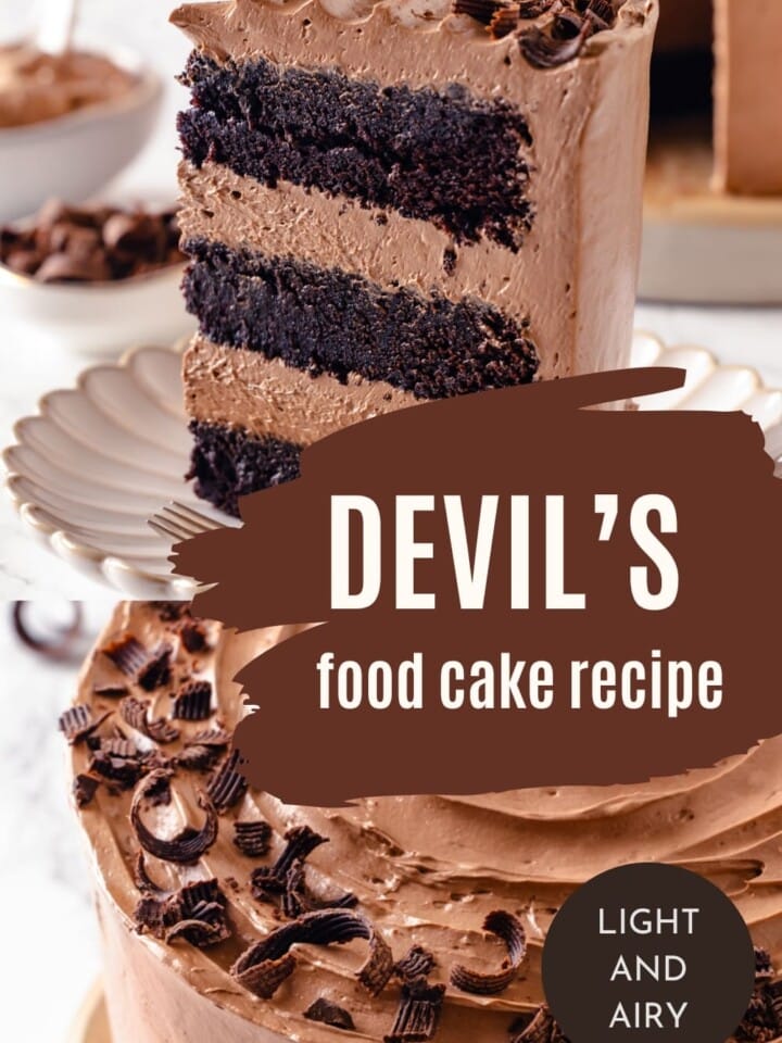 A sliced Devil’s food cake revealing moist layers separated by swirls of chocolate buttercream.