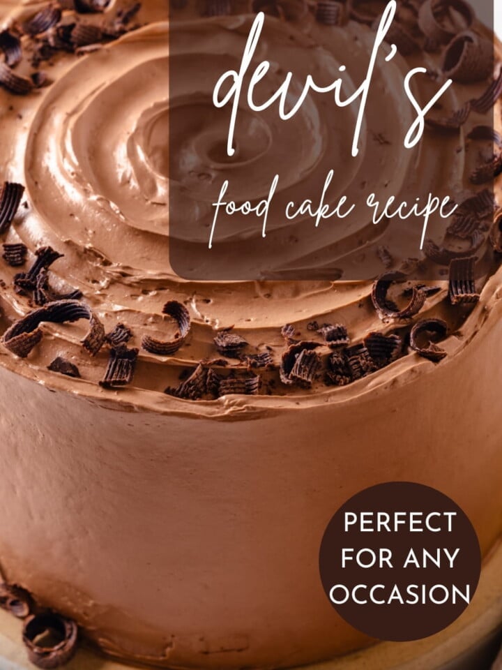 Full Devil’s food cake displayed with chocolate frosting spread evenly across the top and sides.