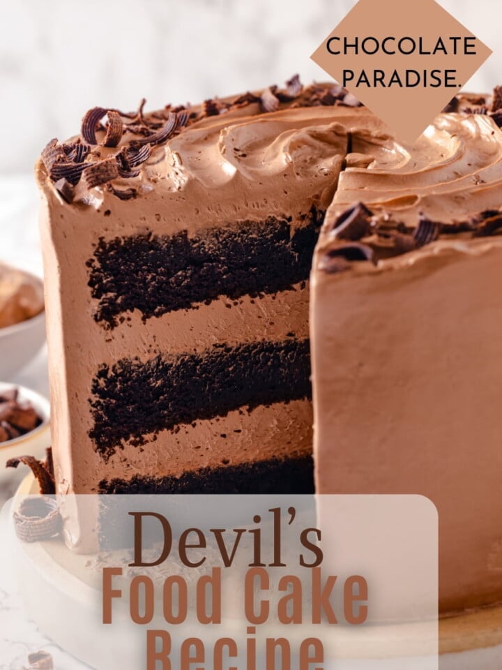 Three layer Devil’s food cake with creamy chocolate frosting creating soft edges and a neat finish.