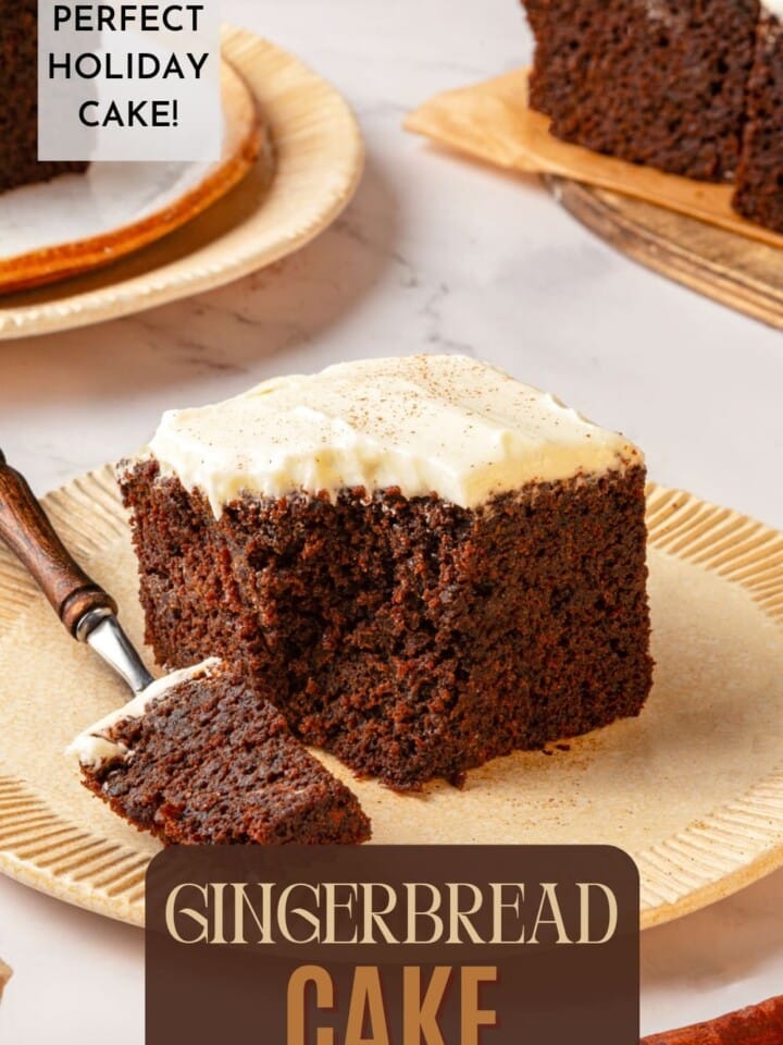 A tall slice of gingerbread cake standing upright to show its soft texture inside.