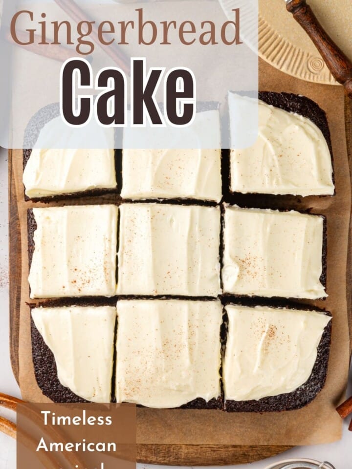 Gingerbread cake pieces arranged neatly on a tray with frosting swirls and cinnamon sprinkled lightly.